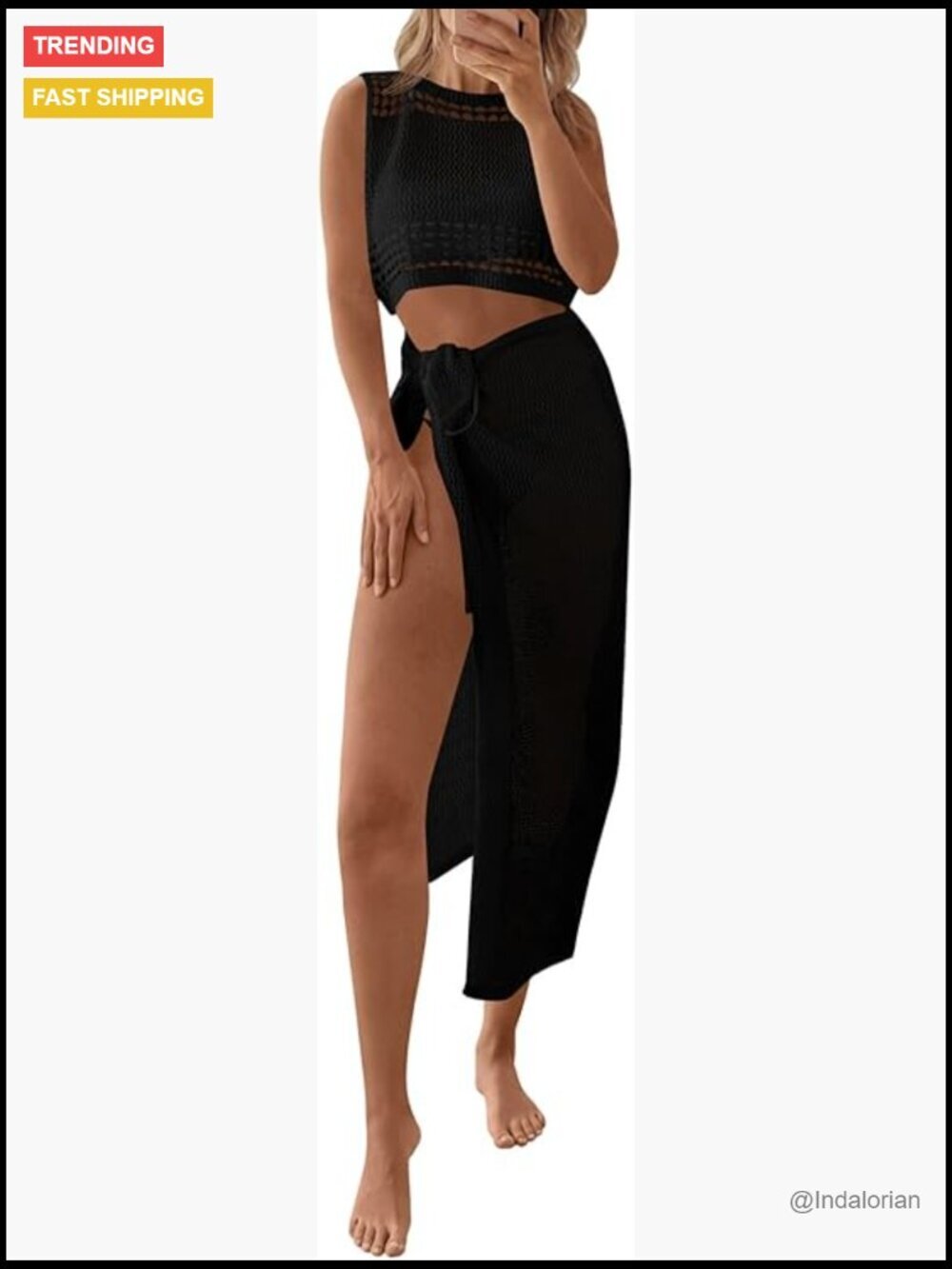 Womens Crochet Swim Cover Up 2 Piece Sleeveless Crop Top Wrap Skirt Hollow Out